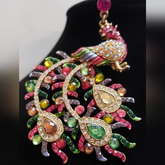 Large Beautiful Rhinestone Peacock Statement Earrings - Picture 7 of 12